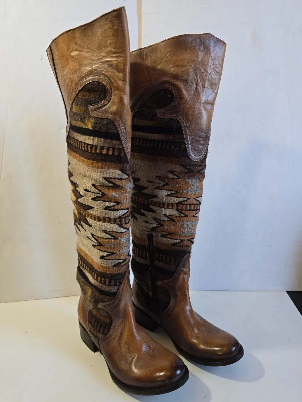 Freebird By Steven Sun Brown Leather and Aztec-Pattern Tall Boots Size 8